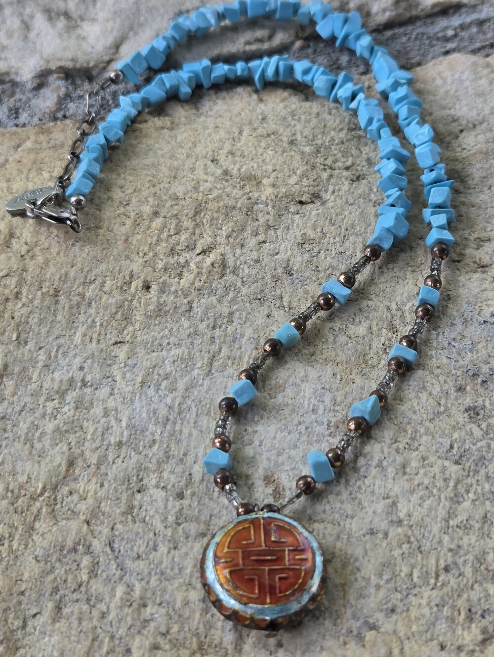 Vintage Turquoise Chips Beaded Necklace - Artisan Ceramic Medallion -Liz Henry